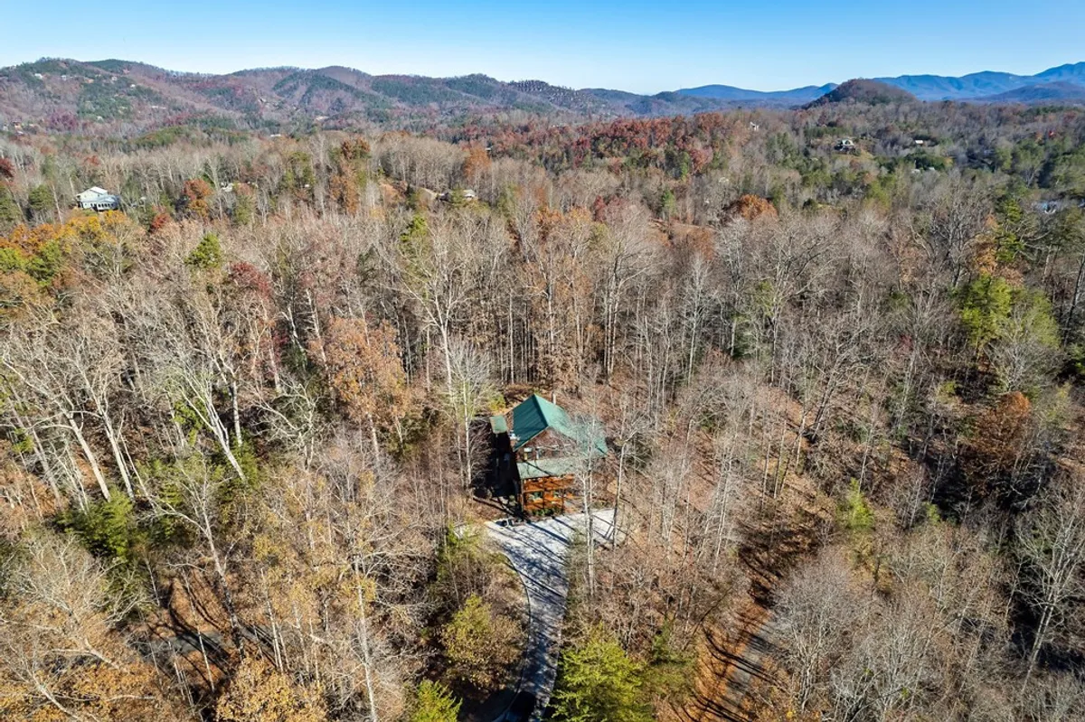 A charming wooden cabin sits at the edge of a winding path, surrounded by tall trees and set against a picturesque mountain backdrop. The natural landscape hints at abundant opportunities for hiking, bird watching, and connecting with the outdoors. The scene evokes a sense of adventure and tranquility, perfect for families eager to explore the Smoky Mountains.
